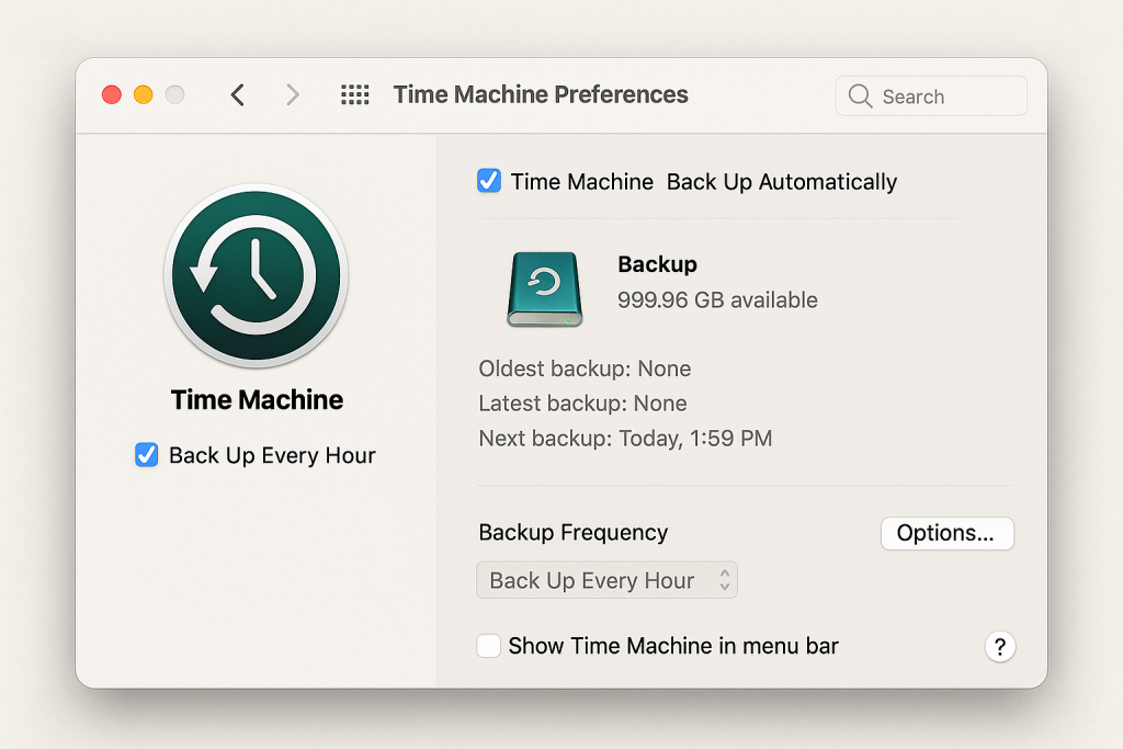 Time Machine settings panel on a Mac